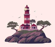 Leuchtturm, schön Leuchtfeuer auf das Cliff mit Kiefern. Vektor Illustration im eben Karikatur Stil..