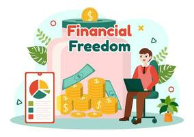 finansiell frihet vektor illustration med mynt och dollar till spara pengar, investering, eliminera skuld, kostnader och passiv inkomst i platt bakgrund