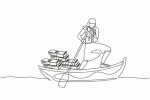 enda kontinuerlig linje teckning affärskvinna segling bort på båt med lugg av sedel. fly med pengar. finansiell brottslighet, beskatta undvikande, pengar tvättning. ett linje grafisk design vektor illustration