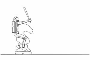 enda kontinuerlig linje teckning ung astronaut ridning stor schack häst bit med svärd. spaceman slåss i de intergalaktisk krig. kosmonaut djup Plats. ett linje dra grafisk design vektor illustration