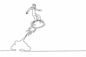 Single kontinuierlich Linie Zeichnung attraktiv arabisch Geschäftsmann Reiten Schild Rakete fliegend im das Himmel. Geschäft Attacke Schutz Sicherheit und Versicherung. einer Linie zeichnen Grafik Design Vektor Illustration