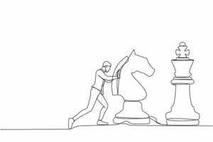 kontinuierlich einer Linie von Zeichnung aktiv Geschäftsmann drücken enorm Pferd Schach Stück zu schlagen König. strategisch Denken und Clever Bewegung im Geschäft abspielen Spiel. Single Linie zeichnen Design Vektor Grafik Illustration