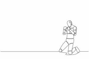 Single einer Linie Zeichnung von glücklich Roboter kniend mit beide Hände Ja Geste. Erfolg Geschäft Tor Ziel. künstlich Intelligenz. Technologie Industrie. kontinuierlich Linie zeichnen Design Vektor Illustration