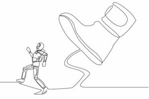 kontinuerlig ett linje teckning ung astronaut springa bort från stampar fot. spaceman betryckt förbi chef med under stor sko. kosmonaut yttre Plats begrepp. enda linje grafisk design vektor illustration