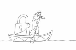 enda kontinuerlig linje teckning arab affärsman segling bort på båt med hänglås. säkerhet och frakt skydd. leverans företag genom de hav. ett linje grafisk design vektor illustration