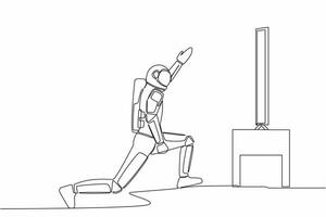 kontinuierlich einer Linie Zeichnung Astronaut tun Fitness beim Mond Oberfläche im online Klasse mit Fernseher Bildschirm. Fitness online Ausbildung. Kosmonaut äußere Raum. Single Linie zeichnen Grafik Design Vektor Illustration