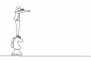 kontinuierlich einer Linie Zeichnung von Geschäftsfrau auf oben von Pferd Schach Stück zeigen und mit Fernglas, suchen zum Erfolg, Gelegenheiten, Zukunft Tendenzen, Idee. Single Linie Design Vektor Illustration