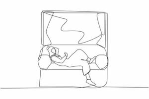 Single kontinuierlich Linie Zeichnung jung arabisch Frau Lügen auf Sofa in der Nähe von Fensterbrett. weiblich ruhen im Zimmer in der Nähe von Fenster. Ausgaben Zeit beim heim, entspannend nach arbeiten. einer Linie zeichnen Design Vektor Illustration