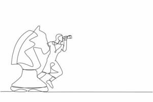 kontinuierlich einer Linie Zeichnung arabisch Geschäftsfrau Führer Stehen auf Pferd Schach Stück mit Teleskop zu sehen Geschäft Vision. suchen zum Gelegenheit. Single Linie zeichnen Design Vektor Grafik Illustration
