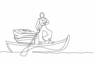 kontinuerlig ett linje teckning arab affärskvinna stående i båt och segling med lugg av papper. chef fly från stack av dokumentera, pappersarbete, överarbetad. enda linje design vektor illustration