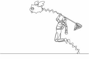 kontinuierlich einer Linie Zeichnung jung Astronaut Versuchen zu fangen fliegend Schweinchen Bank mit Schmetterling Netz. Geld Speichern zum Raumschiff Investition. Kosmonaut äußere Raum. Single Linie Design Vektor Illustration