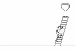 Single einer Linie Zeichnung jung Astronaut steigen Leiter zu erhalten Trophäe. Motivation zu Erfolg im Raumschiff galaktisch Expedition. kosmisch Galaxis Raum. kontinuierlich Linie zeichnen Grafik Design Vektor Illustration