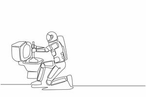 Single kontinuierlich Linie Zeichnung jung Astronaut Fix Installation Toilette Leckage oder verstopfen im Mond Oberfläche. Klempner Reparatur Haushalt Werkzeug. Kosmonaut tief Raum. einer Linie Grafik Design Vektor Illustration