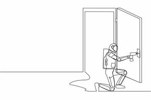 kontinuerlig ett linje teckning astronaut med borra, reparera dörr element. framtida hus dekoration. Hem reparation i måne yta. kosmonaut yttre Plats. enda linje grafisk design vektor illustration