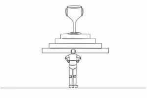 kontinuierlich einer Linie Zeichnung Roboter Stehen im Vorderseite von Treppe mit Trophäe Tasse auf das oben. Pfad zu Erfolg. Humanoid kybernetisch Organismus. Roboter Entwicklung. Single Linie Design Vektor Illustration