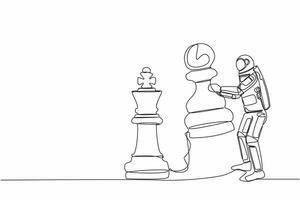 kontinuierlich einer Linie Zeichnung Astronaut halten Pfand Schach Stück zu schlagen König Schach. Kampf zum beeinflussen von Raum Geschäft. Kosmonaut äußere Raum. Single Linie zeichnen Design Vektor Grafik Illustration