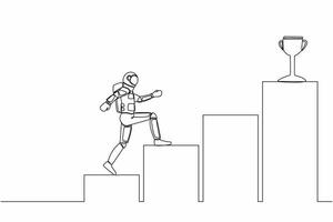 Single kontinuierlich Linie Zeichnung von jung Astronaut Lauf auf Graph Treppe zu erhalten Trophäe. Weg zu leisten Tor im Raumschiff Erkundung. Kosmonaut tief Raum. einer Linie Grafik Design Vektor Illustration