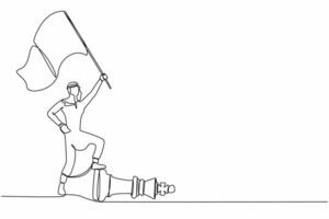 kontinuierlich einer Linie Zeichnung jung arabisch Geschäftsmann winken Flagge und Überwindung andere Konzern Stück. Niederlage Wettbewerber im Geschäft wie gewinnen Schach Spiel. Single Linie zeichnen Design Vektor Illustration