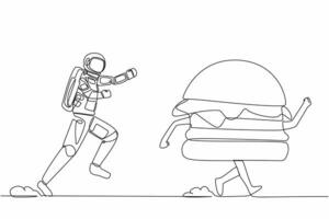 kontinuierlich einer Linie Zeichnung von jung Astronaut Lauf jagen Hamburger im Mond Oberfläche. Essen Nachlass Industrie im äußere Raum. Kosmonaut äußere Raum Konzept. Single Linie Design Vektor Grafik Illustration