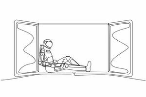 Single einer Linie Zeichnung jung Astronaut Freiberufler Sitzung auf Fensterbrett, Arbeiten mit Laptop. Fernbedienung Arbeit von Mond Oberfläche. kosmisch Galaxis Raum. kontinuierlich Linie Design Grafik Vektor Illustration