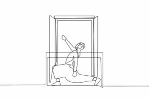 kontinuerlig ett linje teckning friska arab man med hörlurar praxis yoga nära fönster eller balkong. sporter aktivitet, träna, träning, kondition, inomhus. enda linje dra design vektor illustration