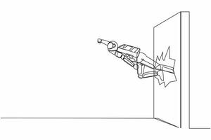 enda ett linje teckning ung astronaut stansa och ha sönder de vägg. flygande spaceman bryter de vägg i måne yta. kosmisk galax Plats begrepp. kontinuerlig linje dra grafisk design vektor illustration