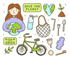 einstellen von gehen Grün, speichern das Planet Kritzeleien. ein Mädchen halten das Erde im ihr Hände, herzförmig Planet, Fahrrad, Gittergewebe Tasche, Stahl Besteck, wiederverwendbar Artikel, Pflanze Sämling. Null Abfall, Ökologie Konzept. vektor