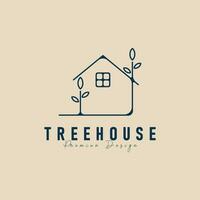 träd hus natur linje konst logotyp minimalistisk modern hus vektor illustration design