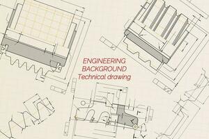 mekanisk teknik ritningar på beige teknisk papper bakgrund. skärande verktyg, fräsning fräs. industriell design. omslag. plan. företag företag. vektor illustration.