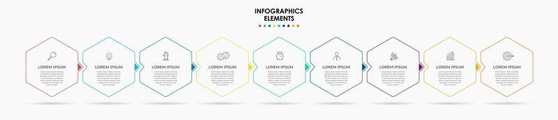 Infografik-Design-Business-Vorlage mit Symbolen und 9 Optionen oder Schritten vektor