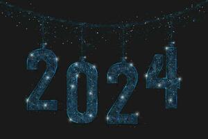 abstrakt isolerat blå bild av ny år siffra 2024. polygonal låg poly trådmodell illustration utseende tycka om stjärnor i de blask natt himmel i spase eller flygande glas skärvor. digital webb, internet design. vektor