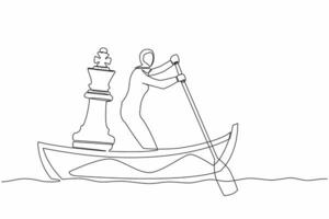 enda ett linje teckning arab affärskvinna stående i båt och segling med schack kung bit. taktik och strategi i handel krig. Framgång vinnande konkurrens. kontinuerlig linje design vektor illustration
