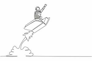 Single einer Linie Zeichnung jung Astronaut Reiten Buch Rakete fliegend im Mond Oberfläche. erhöhen, ansteigen Technik Fähigkeit Lernen zu Raum Erkundung. kosmisch Galaxis Raum. kontinuierlich Linie Design Vektor Illustration