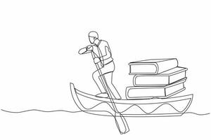 kontinuierlich einer Linie Zeichnung Clever Geschäftsmann Stehen im Boot und Segeln mit Stapel von Bücher. Ausbildung, Fantasie, Vorstellung, Intellekt Konzept. Single Linie zeichnen Design Vektor Grafik Illustration