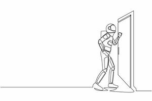 Single kontinuierlich Linie Zeichnung jung Astronaut Klopfen beim Tür im Mond Oberfläche. Raumfahrer Stehen beim Eingang von Zimmer Klopfen Tür. Kosmonaut tief Raum. einer Linie Grafik Design Vektor Illustration