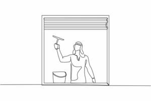 kontinuierlich einer Linie Zeichnung arabisch Mann Reinigung Fenster mit Glas Reiniger Werkzeug. Waschen Fenster mit Eimer, Waschmittel, nass Lappen. Hausarbeit. inländisch arbeiten. Single Linie zeichnen Design Vektor Illustration