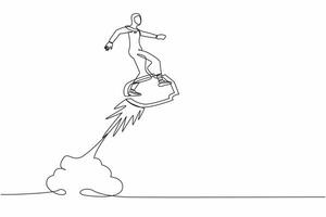 Single einer Linie Zeichnung arabisch Geschäftsfrau Reiten Schild Rakete fliegend im das Himmel. Geschäft Sicherheit Beschleunigung zu speichern finanziell Wachstum. kontinuierlich Linie zeichnen Design Grafik Vektor Illustration