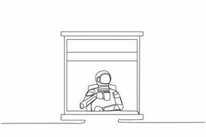 enda kontinuerlig linje teckning ung astronaut njut av varm kaffe eller te i fönster hus, innehav mugg, ser genom fönster i måne yta. kosmonaut djup Plats. ett linje design vektor illustration