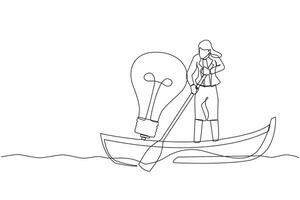 enda kontinuerlig linje teckning av affärskvinna segling bort på båt med ljus Glödlampa. Framgång företag aning, syn, och innovation för bättre företag. ett linje dra grafisk design vektor illustration