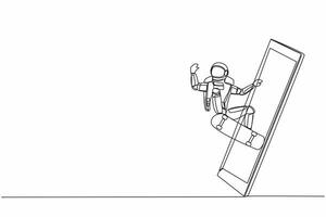 Single einer Linie Zeichnung von Skateboardfahrer Astronaut Reiten Skateboard und tun springen Trick bekommen aus von Smartphone Bildschirm. kosmisch Galaxis Raum. kontinuierlich Linie zeichnen Grafik Design Vektor Illustration