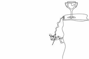 kontinuierlich einer Linie Zeichnung Roboter Bergsteiger hängend auf Seil und ziehen selbst auf oben von felsig Berg Mauer zu erreichen Trophäe. Zukunft Roboter Entwicklung. Single Linie Design Vektor Grafik Illustration