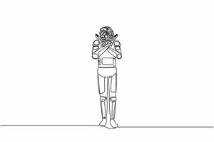 kontinuerlig ett linje teckning ung astronaut med runda klottrar istället av ett huvud, framställning x symbol, korsning händer, avslag, missnöjd. kosmonaut yttre Plats. enda linje design vektor illustration