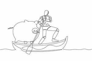 kontinuerlig ett linje teckning robot segling bort på båt med nasse Bank. ekonomi syften sparande pengar i tech företag. humanoid robot cybernetiska organism. enda linje dra design vektor illustration