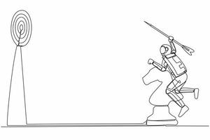 Single einer Linie Zeichnung von jung Astronaut halten enorm Pfeil und Targeting Dartscheibe während Reiten Schach Pferd Ritter Stück. kosmisch Galaxis Raum. kontinuierlich Linie zeichnen Grafik Design Vektor Illustration