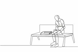 enda kontinuerlig linje teckning robot sitta på bänk ensam. lidande från depression, upplevelser uppsägning, svår liv situation. artificiell intelligens. ett linje dra design vektor illustration