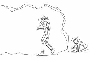 enda ett linje teckning astronaut ge upp innan nå ruter. sluta grävning med hacka, inte menande diamant nästan avslöjat. kosmisk galax Plats. kontinuerlig linje grafisk design vektor illustration
