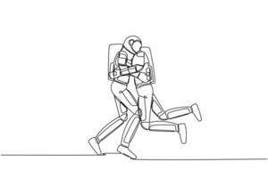 kontinuerlig ett linje teckning ung astronaut hoppar och kramar hans vän. lycka mellan två vänner. återförening efter år isär. kosmonaut yttre Plats. enda linje grafisk design vektor illustration