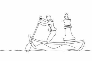 Single einer Linie Zeichnung Geschäftsfrau Segeln Weg auf Boot mit Schach König Stück. Unternehmen Strategie oder taktisch Bewegung zu gewinnen Geschäft Wettbewerb. kontinuierlich Linie Design Grafik Vektor Illustration