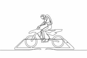 Single einer Linie Zeichnung von jung Astronaut Moto-Cross Fahrer Reiten Moto-Cross Fahrrad auf Smartphone Bildschirm. Freistil Moto-Cross extrem Sport. kosmisch Galaxis Raum. kontinuierlich Linie Design Vektor Illustration
