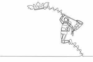 enda ett linje teckning ung astronaut Prova till fångst flygande krona med fjäril netto. kunglig och lyx yttre galax rike. kosmisk galax Plats. kontinuerlig linje grafisk design vektor illustration